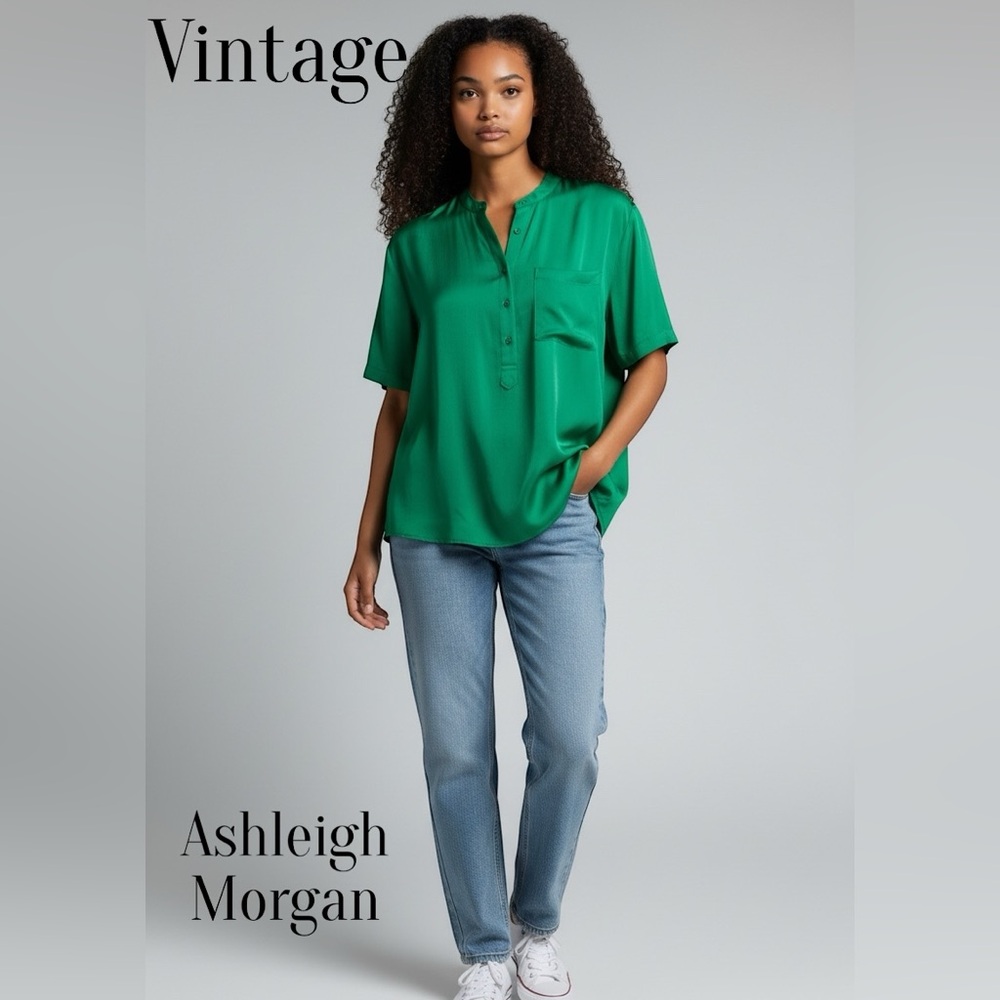 ⭐️ NWT Vintage Ashleigh Morgan Kelly Green Blouse Short Sleeve XL